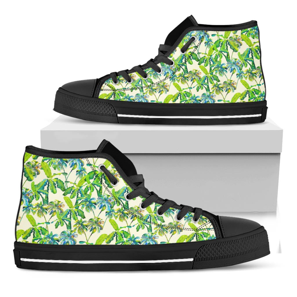 Palm Tree Banana Pattern Print Black High Top Sneakers