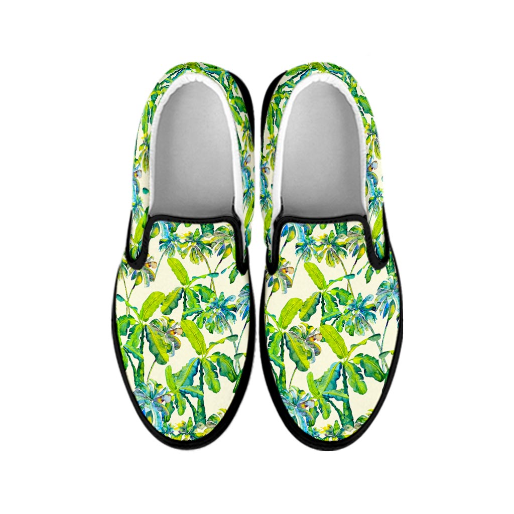 Palm Tree Banana Pattern Print Black Slip On Sneakers