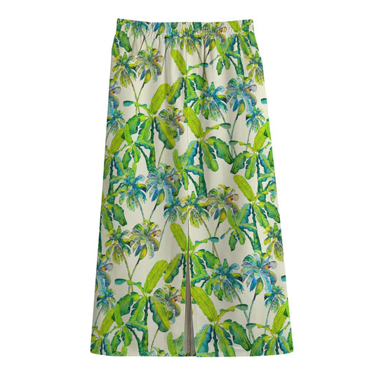 Palm Tree Banana Pattern Print Cotton Front Slit Maxi Skirt