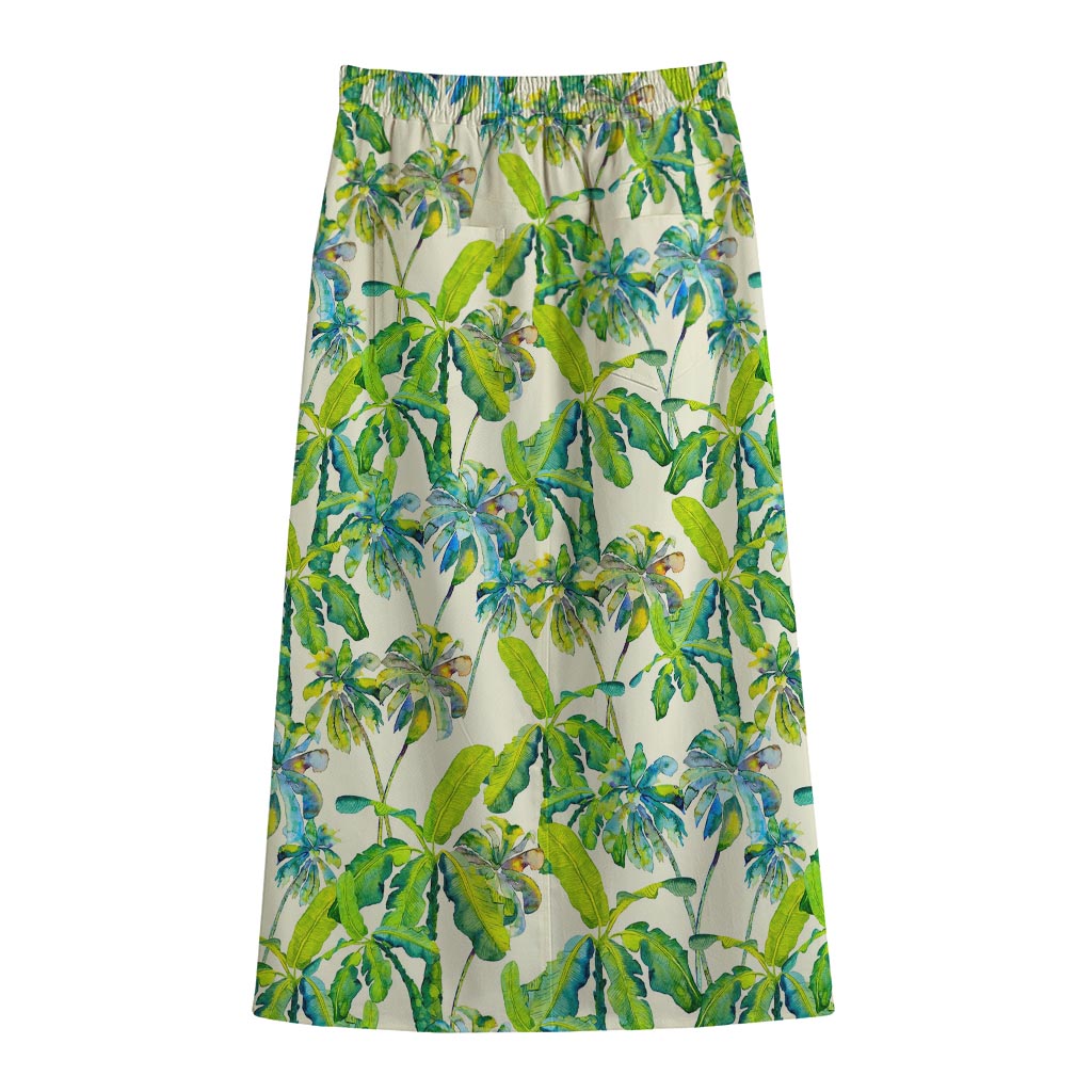 Palm Tree Banana Pattern Print Cotton Front Slit Maxi Skirt