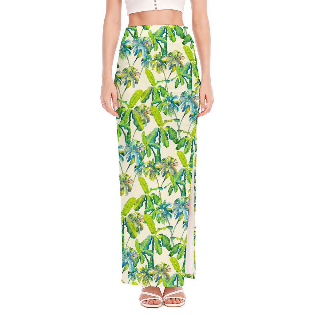 Palm Tree Banana Pattern Print High Slit Maxi Skirt