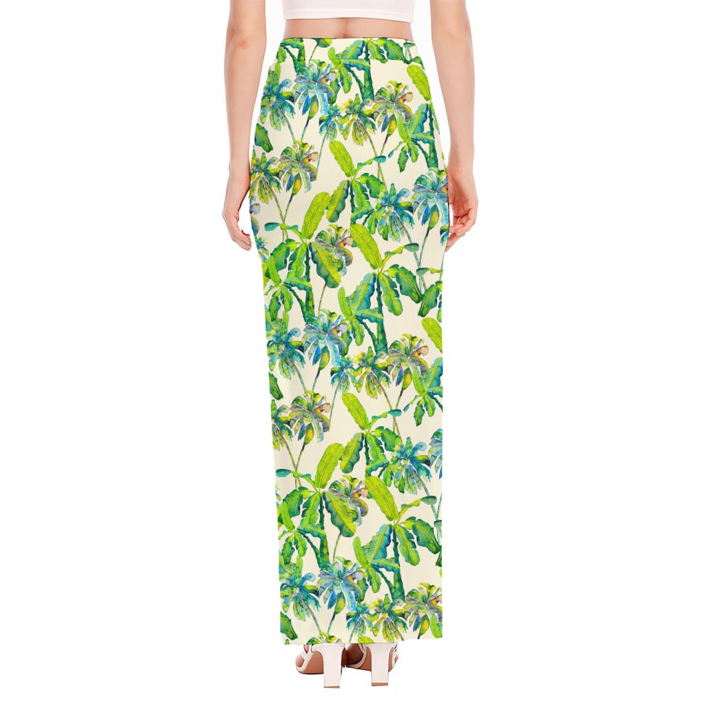 Palm Tree Banana Pattern Print High Slit Maxi Skirt