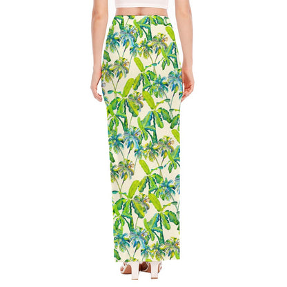 Palm Tree Banana Pattern Print High Slit Maxi Skirt