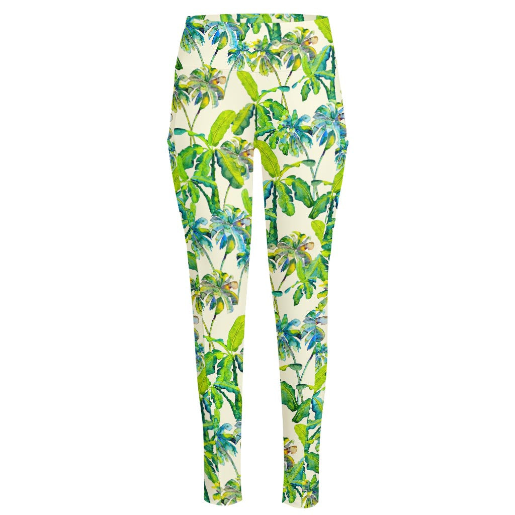 Palm Tree Banana Pattern Print High-Waisted Pocket Leggings