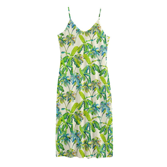 Palm Tree Banana Pattern Print Jersey Midi Cami Dress