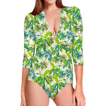 Palm Tree Banana Pattern Print Long Sleeve Swimsuit