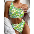 Palm Tree Banana Pattern Print One Shoulder Bikini Set