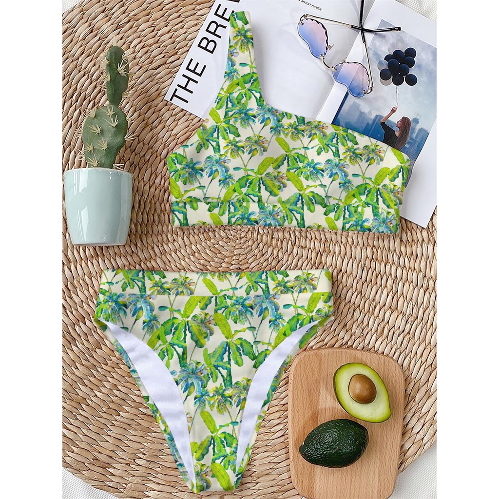 Palm Tree Banana Pattern Print One Shoulder Bikini Top