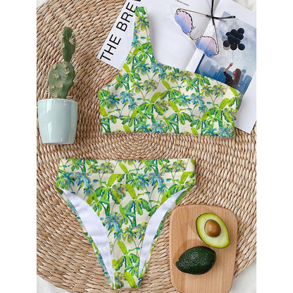 Palm Tree Banana Pattern Print One Shoulder Bikini Top