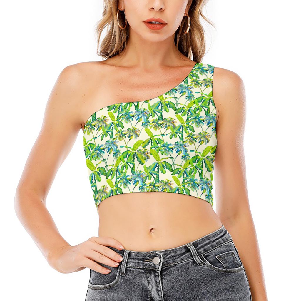 Palm Tree Banana Pattern Print One Shoulder Crop Top