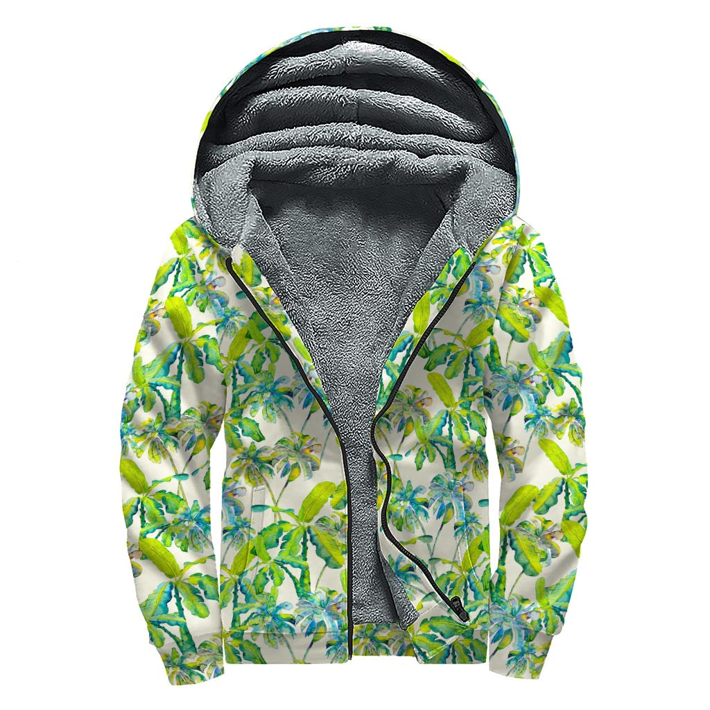 Palm Tree Banana Pattern Print Sherpa Lined Zip Up Hoodie