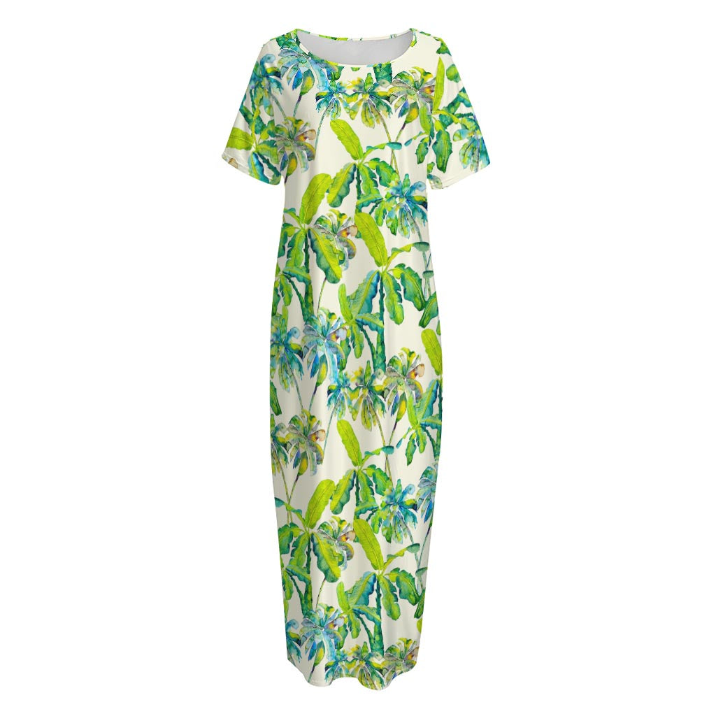 Palm Tree Banana Pattern Print Short Sleeve Long Nightdress