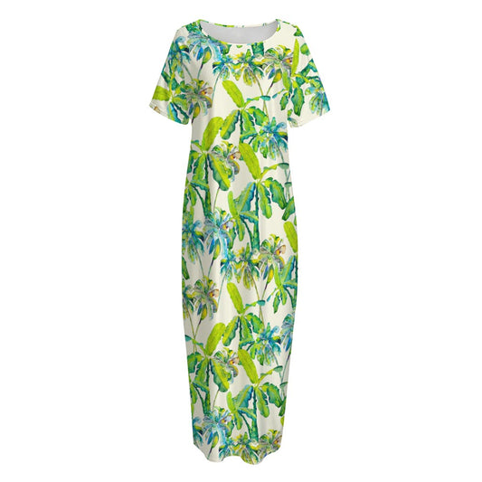 Palm Tree Banana Pattern Print Short Sleeve Long Nightdress