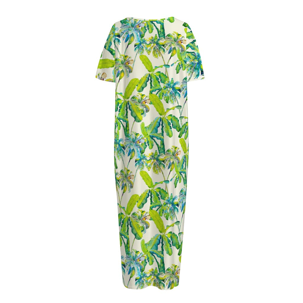 Palm Tree Banana Pattern Print Short Sleeve Long Nightdress