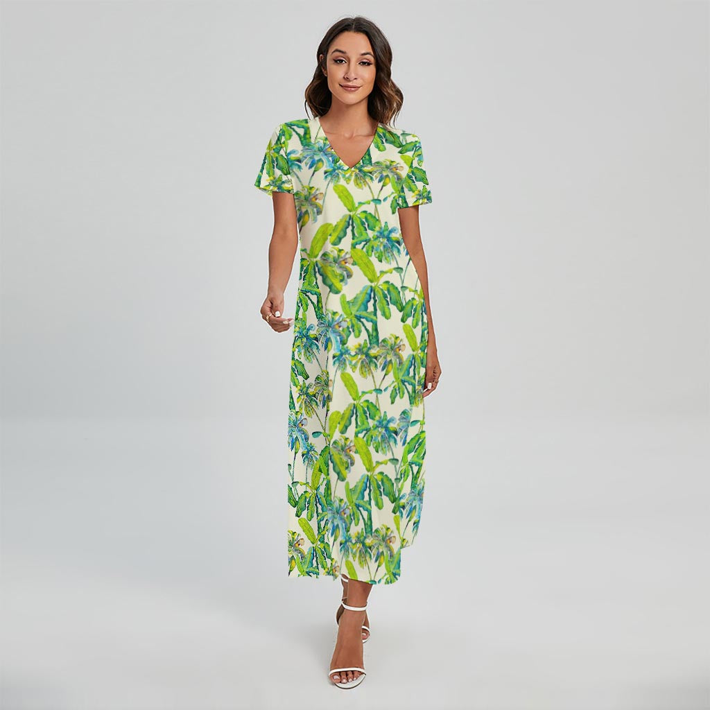 Palm Tree Banana Pattern Print Short Sleeve Maxi Dress