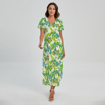 Palm Tree Banana Pattern Print Short Sleeve Maxi Dress
