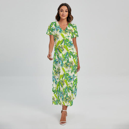 Palm Tree Banana Pattern Print Short Sleeve Maxi Dress