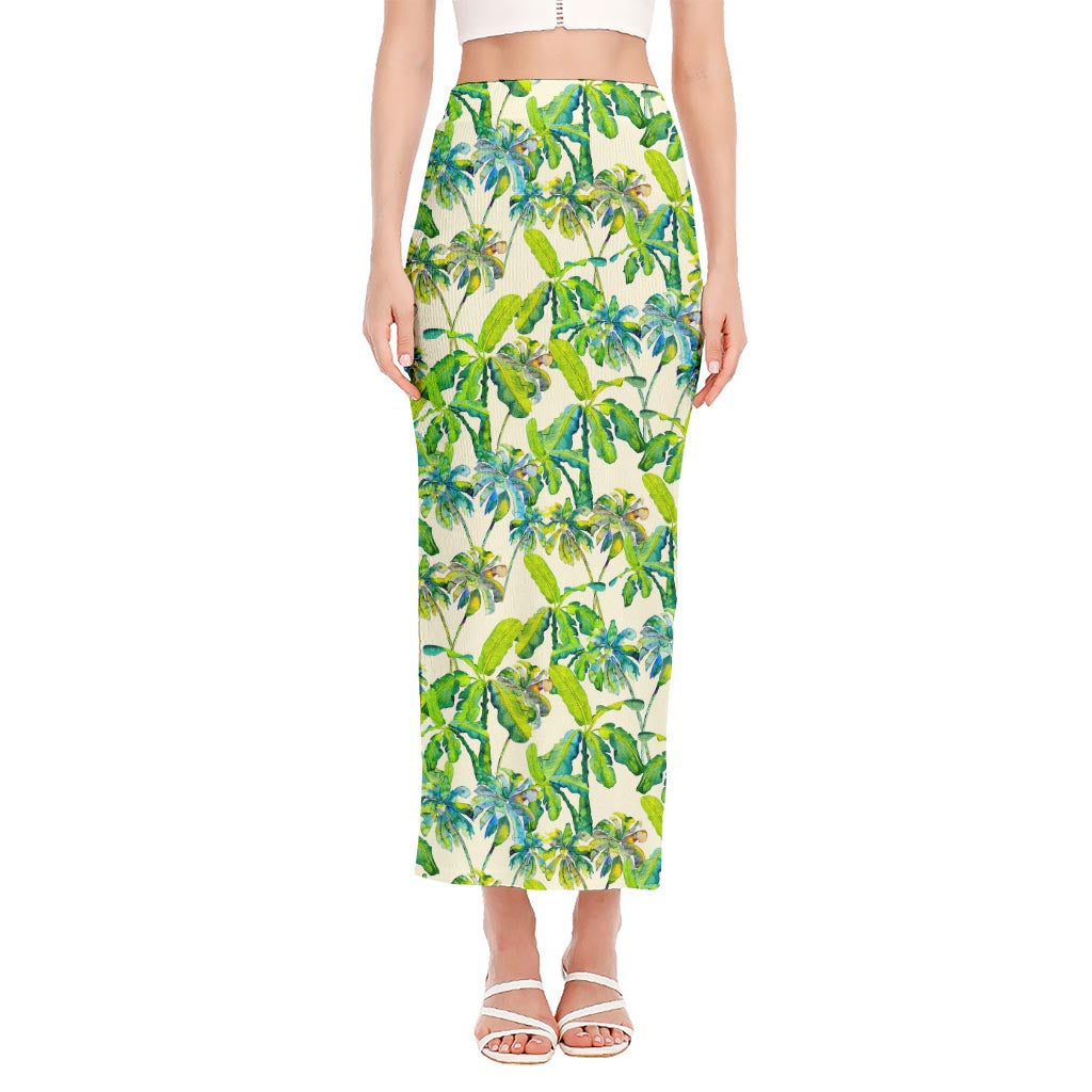 Palm Tree Banana Pattern Print Side Slit Maxi Skirt