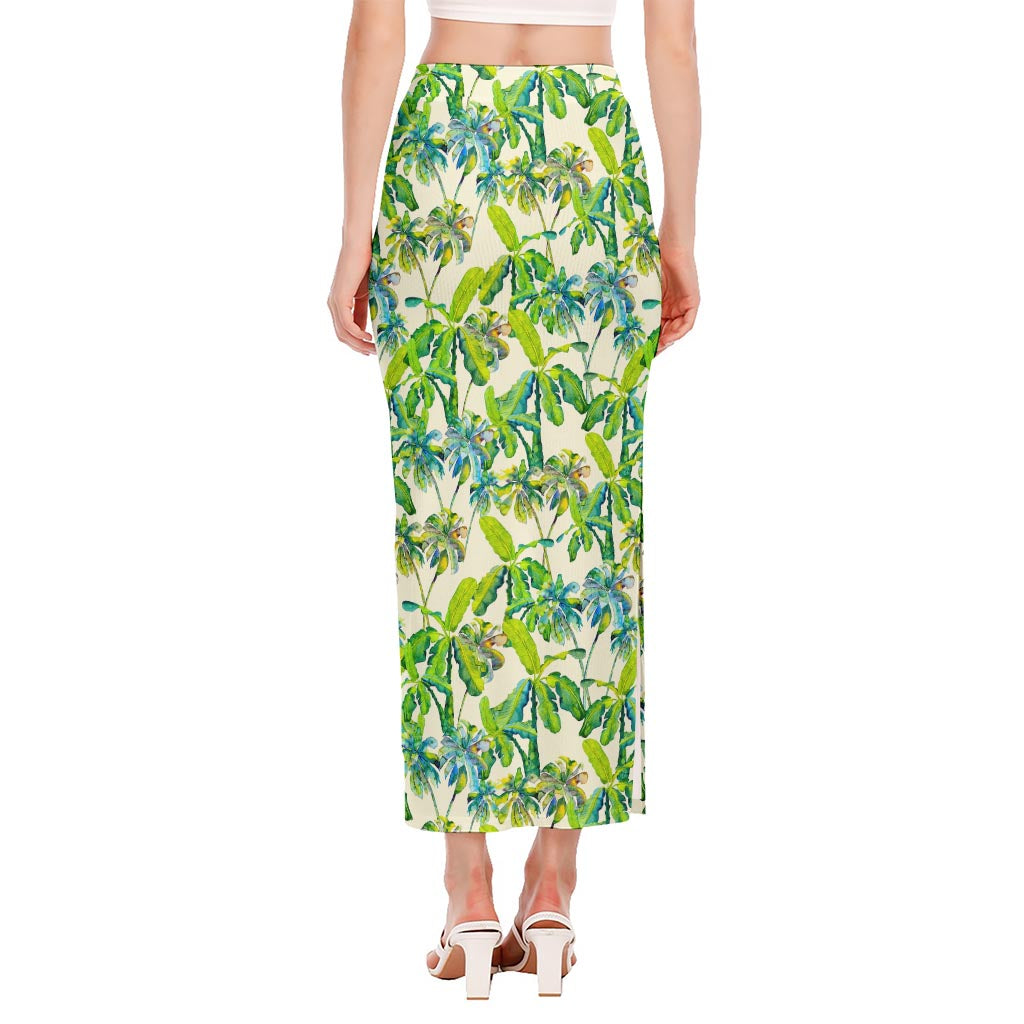 Palm Tree Banana Pattern Print Side Slit Maxi Skirt