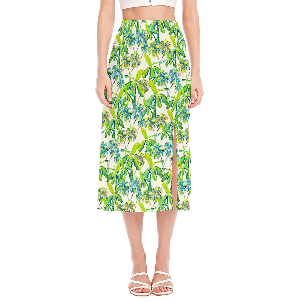 Palm Tree Banana Pattern Print Side Slit Midi Skirt