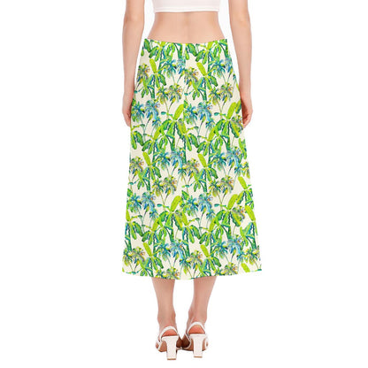 Palm Tree Banana Pattern Print Side Slit Midi Skirt