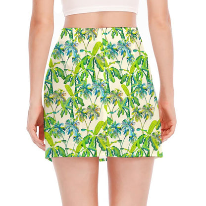 Palm Tree Banana Pattern Print Side Slit Mini Skirt