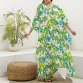 Palm Tree Banana Pattern Print Silk V-Neck Kaftan Dress