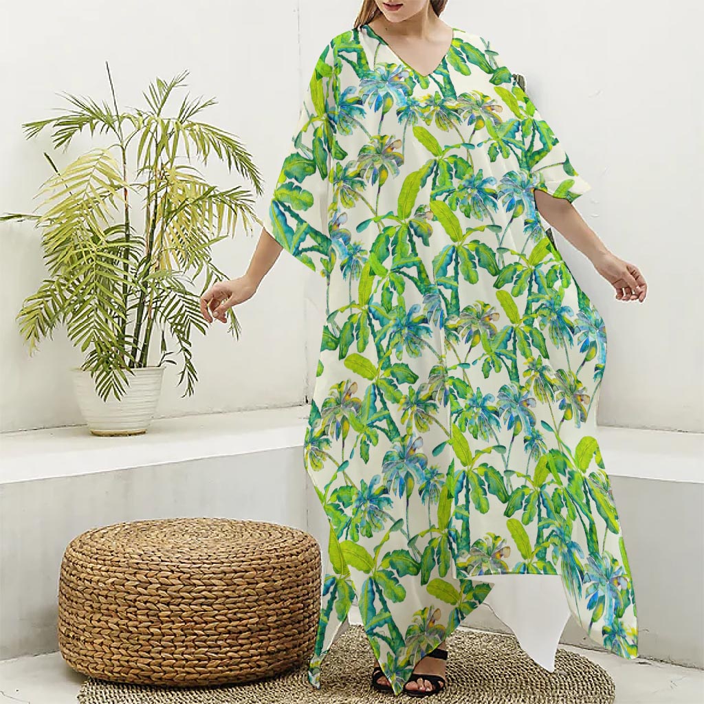 Palm Tree Banana Pattern Print Silk V-Neck Kaftan Dress