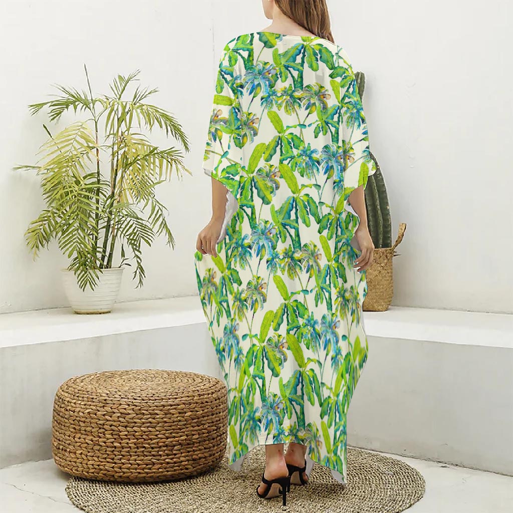 Palm Tree Banana Pattern Print Silk V-Neck Kaftan Dress