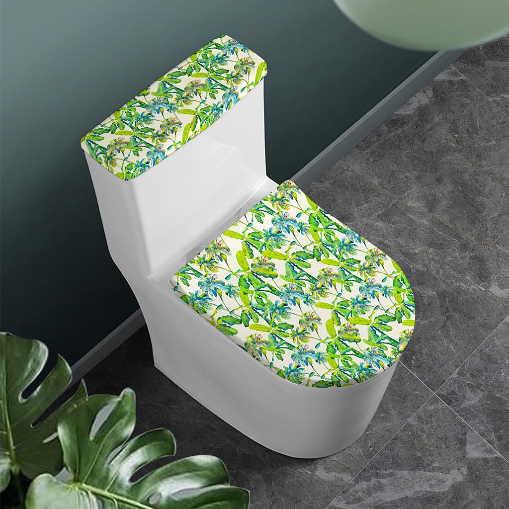 Palm Tree Banana Pattern Print Toilet Lid And Tank Cover Set