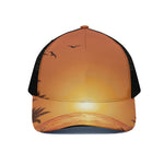 Palm Tree Beach Sunset Print Black Mesh Trucker Cap