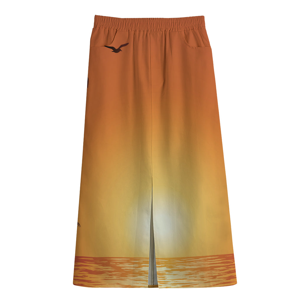 Palm Tree Beach Sunset Print Cotton Front Slit Maxi Skirt