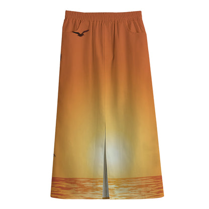 Palm Tree Beach Sunset Print Cotton Front Slit Maxi Skirt