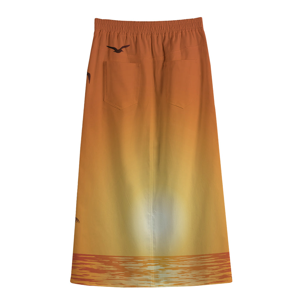 Palm Tree Beach Sunset Print Cotton Front Slit Maxi Skirt