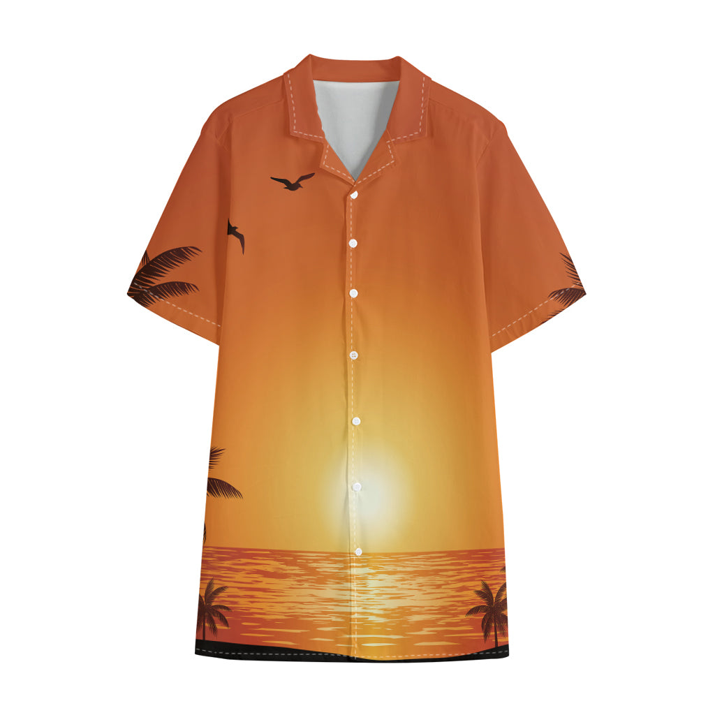 Palm Tree Beach Sunset Print Cotton Hawaiian Shirt