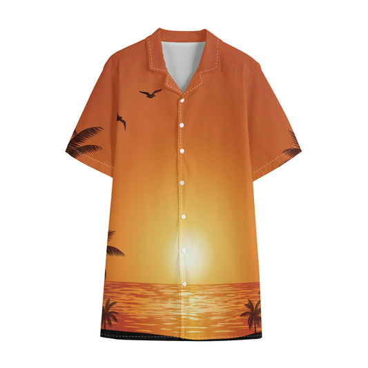 Palm Tree Beach Sunset Print Cotton Hawaiian Shirt