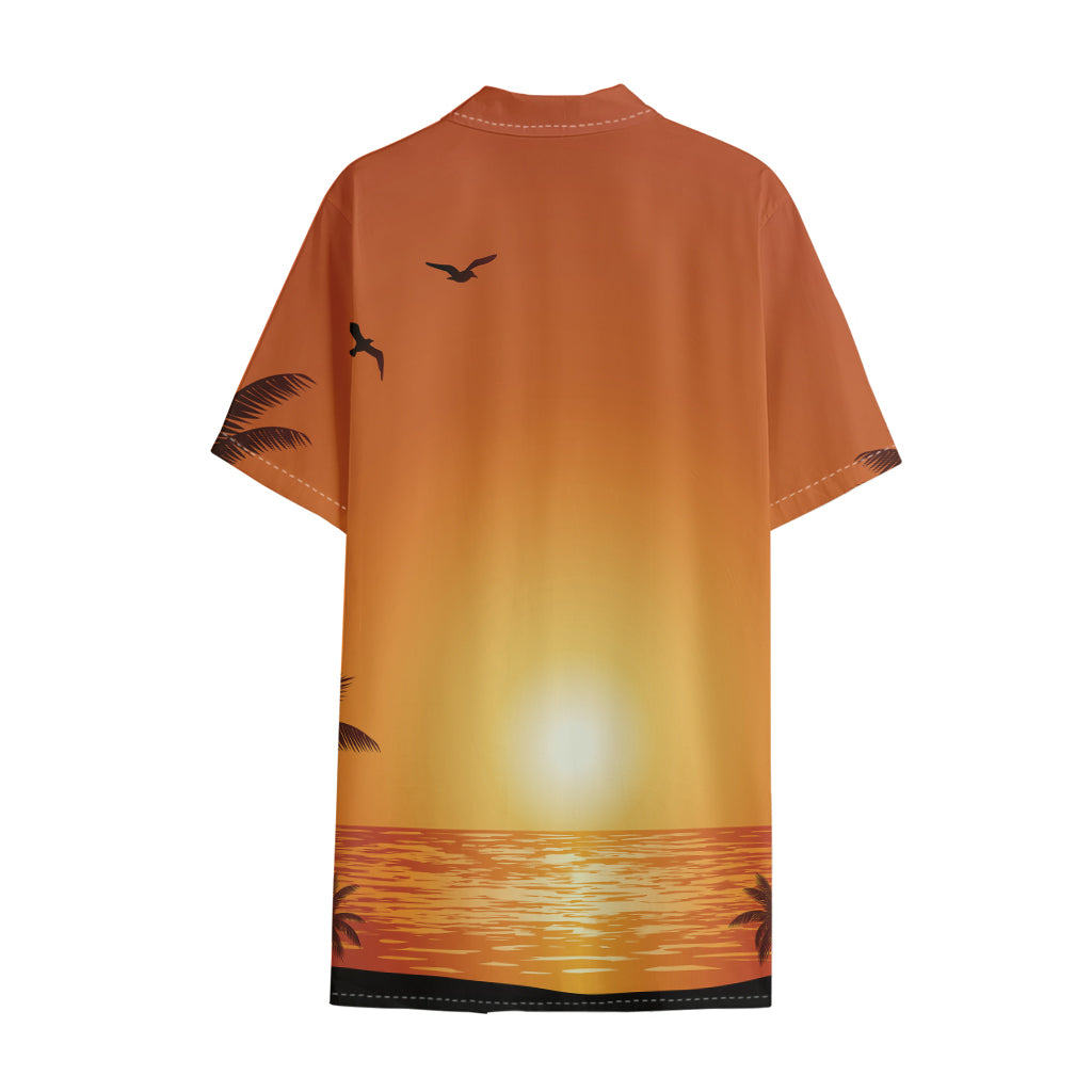 Palm Tree Beach Sunset Print Cotton Hawaiian Shirt