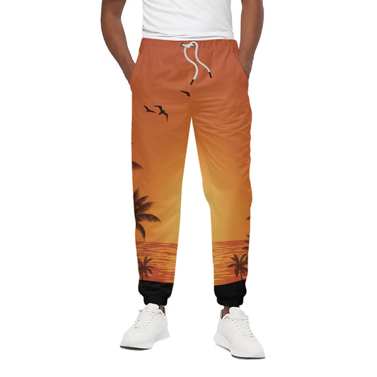Palm Tree Beach Sunset Print Cotton Pants