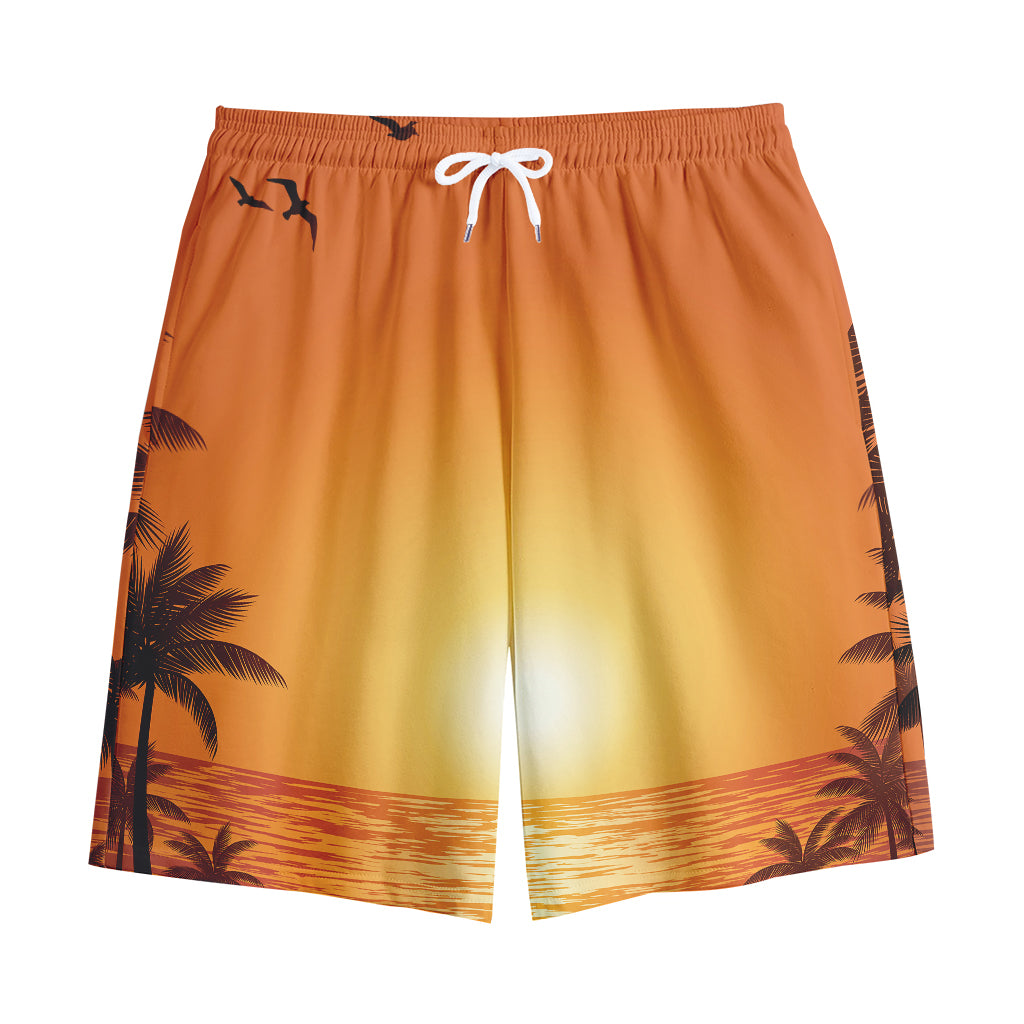 Palm Tree Beach Sunset Print Cotton Shorts