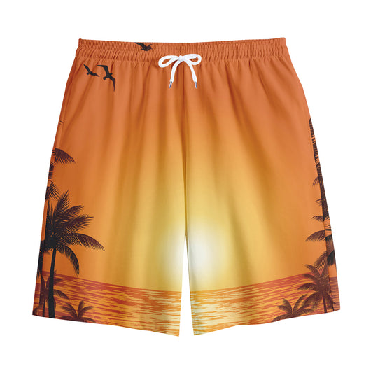 Palm Tree Beach Sunset Print Cotton Shorts