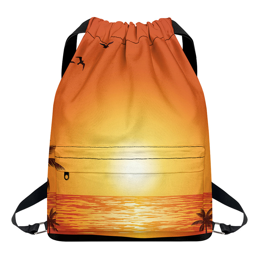 Palm Tree Beach Sunset Print Drawstring Backpack