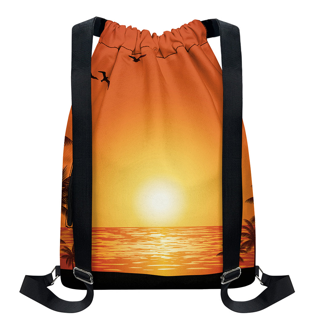 Palm Tree Beach Sunset Print Drawstring Backpack