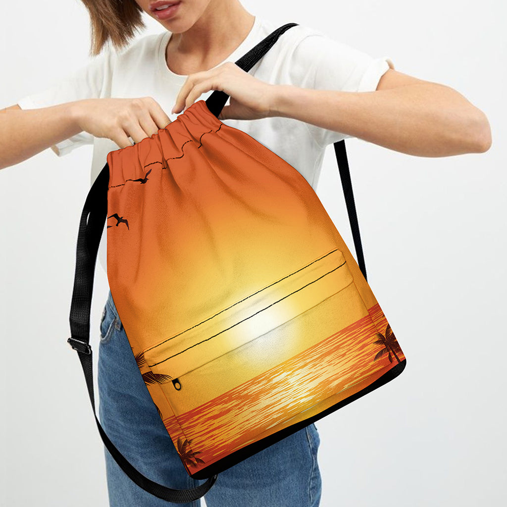Palm Tree Beach Sunset Print Drawstring Backpack