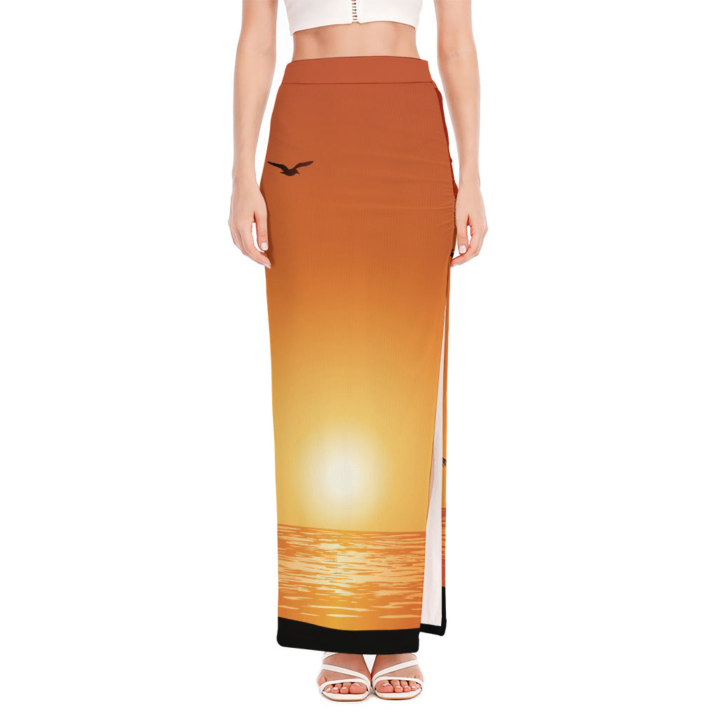Palm Tree Beach Sunset Print High Slit Maxi Skirt