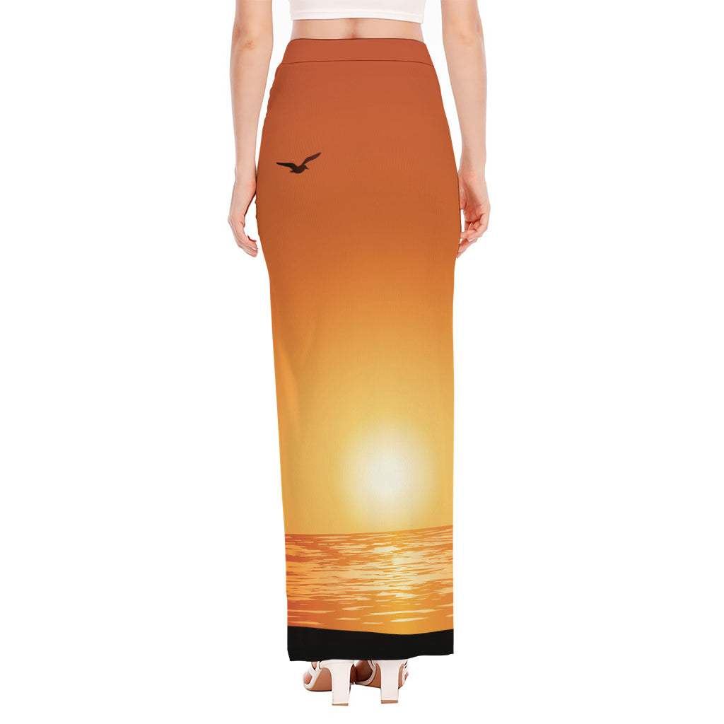 Palm Tree Beach Sunset Print High Slit Maxi Skirt