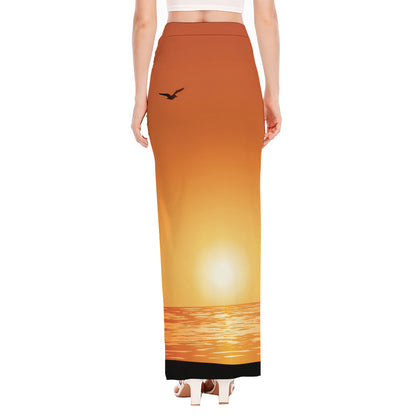 Palm Tree Beach Sunset Print High Slit Maxi Skirt