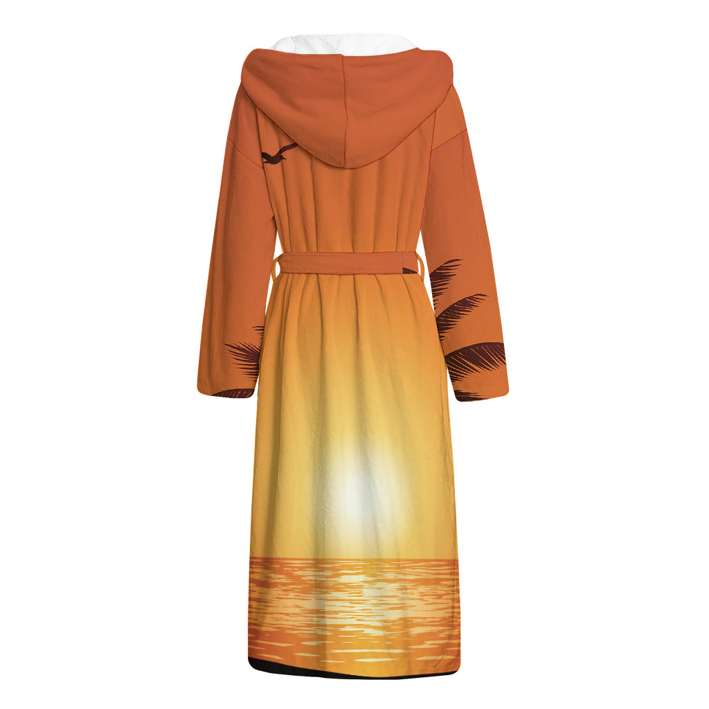 Palm Tree Beach Sunset Print Hooded Bathrobe