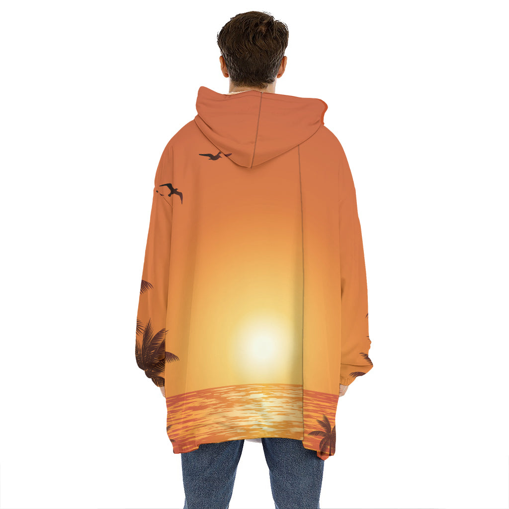 Palm Tree Beach Sunset Print Hoodie Blanket