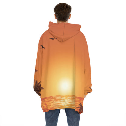 Palm Tree Beach Sunset Print Hoodie Blanket
