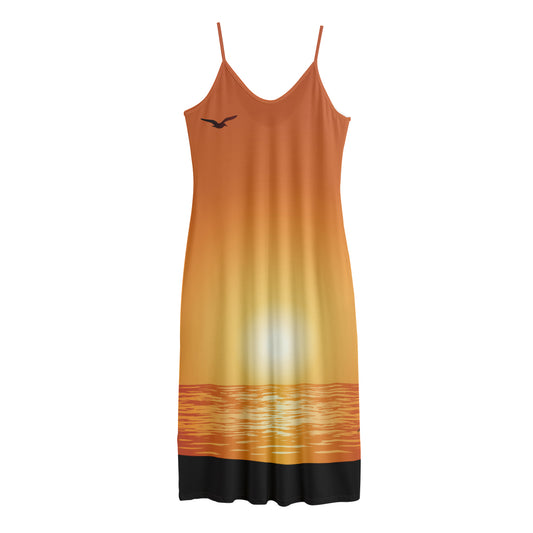 Palm Tree Beach Sunset Print Jersey Midi Cami Dress